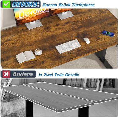 Стіл Devoko з регульованою висотою та 2 двигунами, цільна стільниця 25 мм, 160x80 см, мобільний електричний комп&39ютерний стіл з організацією кабелів, вінтажний коричневий - ідеальна ергономіка для вашого офісу, вінтажний коричневий чорний, 157x77 см