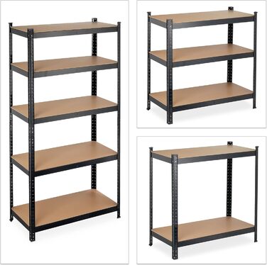 Надміцний стелаж Relaxdays, 5 ярусів, сталь, В x Ш x Г 180 x 90 x 45 см, чорний Вантажопідйомність 875 кг, модульний, для підвалу, гаража