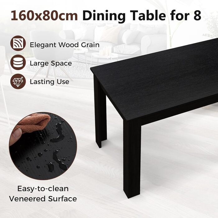 Обідній стіл GIANTEX для 6-8 осіб, 160 x 80 x 77 см, великий прямокутний дерев&39яний стіл, портативний кухонний стіл (до 150 кг), сучасний обідній стіл, письмовий стіл для їдальні, кухні, офісу (чорний)