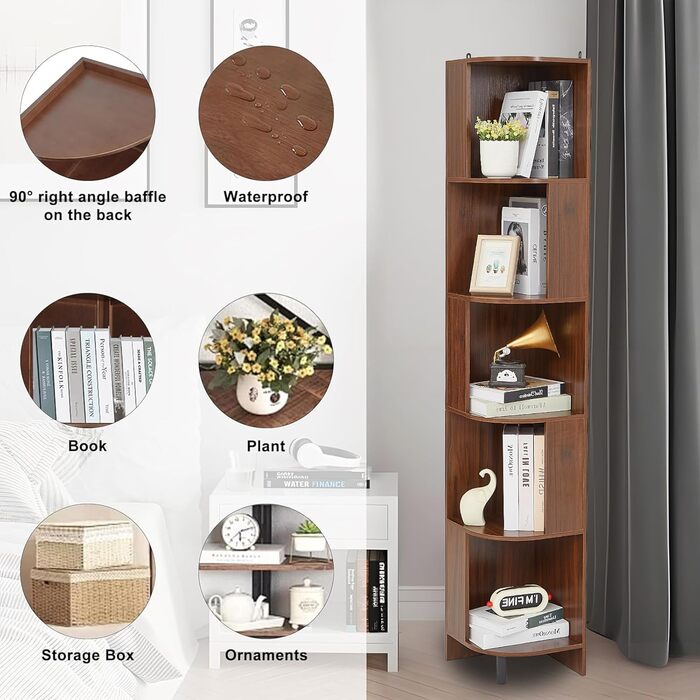 Вінтажна книжкова полиця, книжкова полиця, окремостояча книжкова полиця з 5 полицями, книжкова шафа, кутова полиця, дерев&39яна книжкова полиця, полиця для вітальні, спальні, домашнього офісу, 28,5x28,5x173 см (Ш)