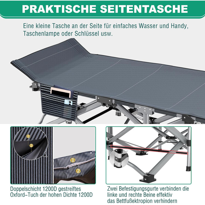 Туристичне ліжко з матрацом, максимальне навантаження 200 кг, розкладне похідне ліжечко 190 x 71 x 36 см, сталевий каркас та тканинне покриття Pxford, розкладне ліжко, гостьове ліжко для дорослих, кемпінг у приміщенні/на вулиці, сад, офіс, 190 x 71 x 36 с