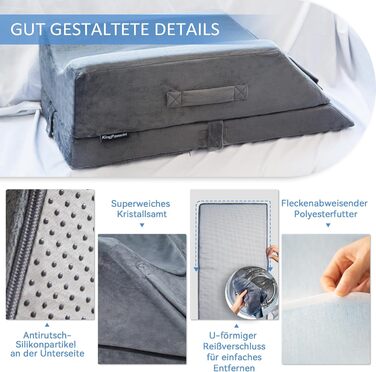 Подушка для ніг KingPavonini з 4-ступінчастим регулюванням висоти для післяопераційного/травмового/відпочинкового використання, подушка для ніг з піни з пам&39яттю форми з 3 ручками та знімною м&39якою вставкою, оксамитовий чохол, який можна прати, на одн