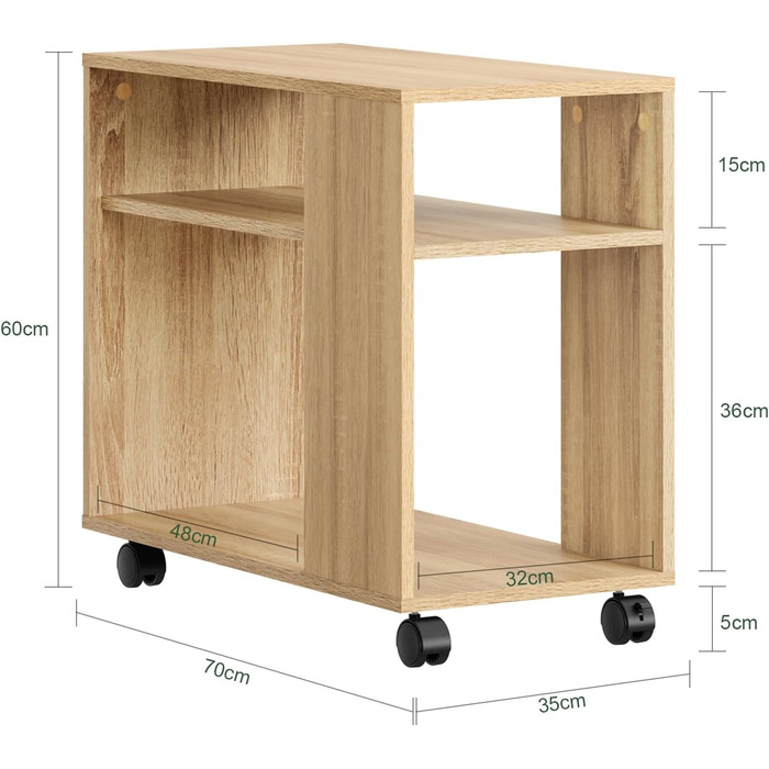 Журнальний столик SoBuy з колесами, 2-ярусний журнальний столик на колесах з відділеннями для зберігання, мобільна книжкова полиця для вітальні, спальні, офісу, Д70 x Ш35 x В60 см, натуральний колір FBT34-N