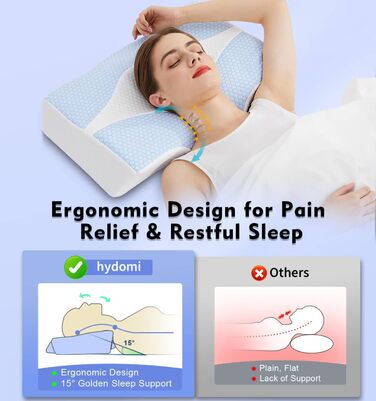 Подушка для шиї з піни з ефектом пам&39яті для полегшення болю в шиї, контурна подушка для сну, ортопедична з наволочкою для сну на боці, спині та животі, охолоджувальна O2-синьо-біла