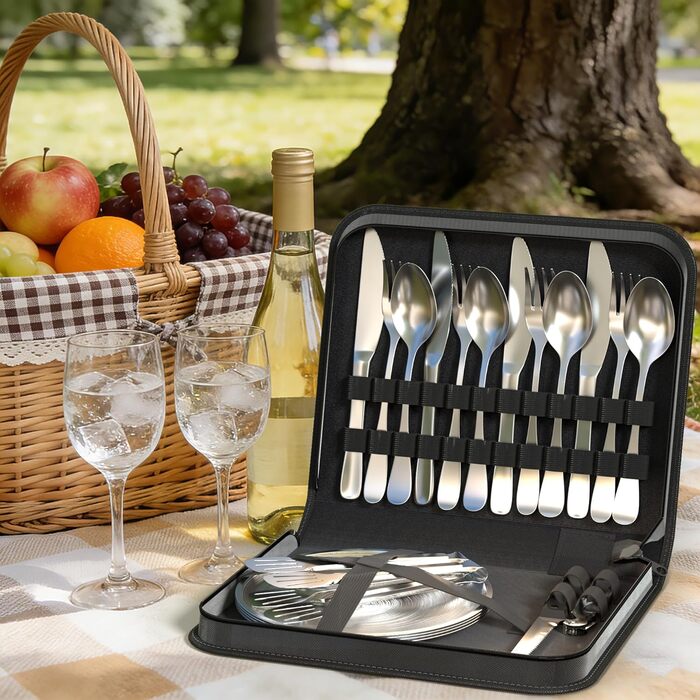 Набір посуду для кемпінгу на 4 особи, столові прибори з нержавіючої сталі (виделки, ножі та ложки), з чохлом для зберігання, портативний набір для пікніків, барбекю та відпочинку на природі