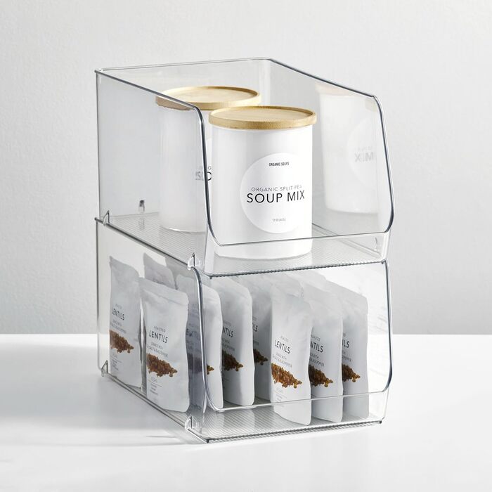 Штабельований контейнер для зберігання продуктів mDesign Кухонний органайзер з відкритим фронтом для холодильника, шафи або морозильної камери Пластиковий контейнер для холодильника Упаковка з 2 шт. Прозорий, 30,7 x 19,6 x 15,9 см