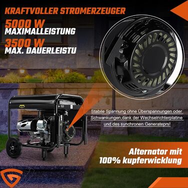 Тактний бензиновий генератор, електричний стартер 5000 Вт, аварійний генератор 12 к.с. з автоматичним регулюванням напруги (ARV), 2 розетки 230 В, 1 розетка 12 В, бак 15 л, 50 Гц, CE, портативний на колесах, для кемпінгу, будівельних майданчиків та дому, 