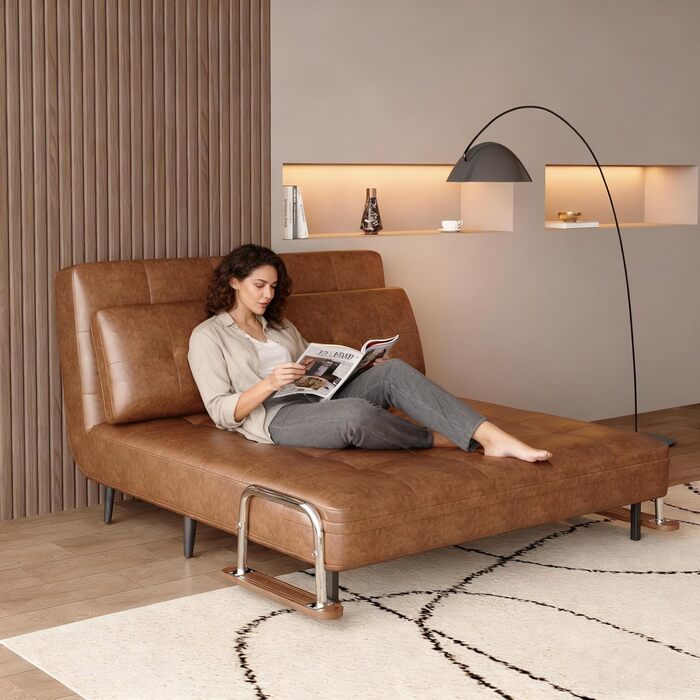 Диван-ліжко під шкіру, сучасний 2-місний диван з функцією сну, диван-ліжко з розкладним матрацом, універсальний диван-ліжко для віталень, спалень та невеликих кімнат, коричневий (150 см)