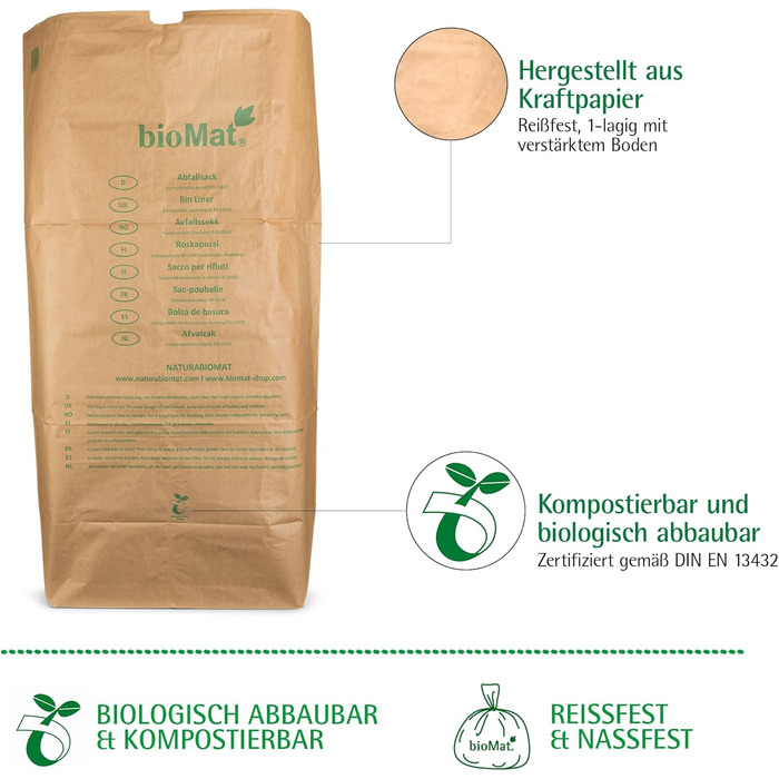 Компостовані паперові пакети bioMat 240 л з крафт-паперу, 25 паперових пакетів для контейнера для органічних відходів, 1-шарові, стійкі до розриву, вологостійкі, (упаковка з 25 шт.) 240 л (25 шт.)