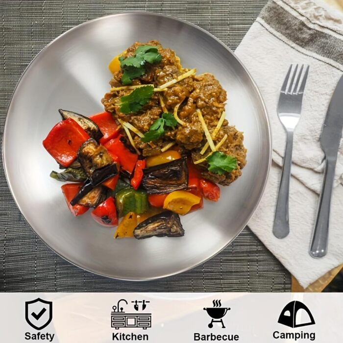 Набір з 4 круглих тарілок з нержавіючої сталі, діаметр 20 см для кемпінгу, пікніків, походів, кухні та вечірок