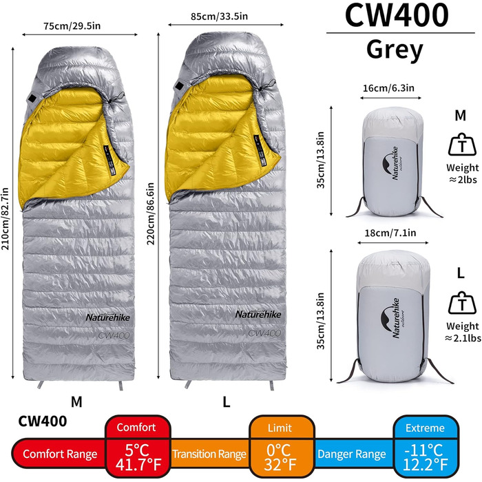 Спальний мішок Naturehike Мумія на 4 сезони, зимовий водовідштовхувальний, невеликий розмір у упаковці, підходить для використання на вулиці, в подорожах, наметах або в приміщенні, сірий, M