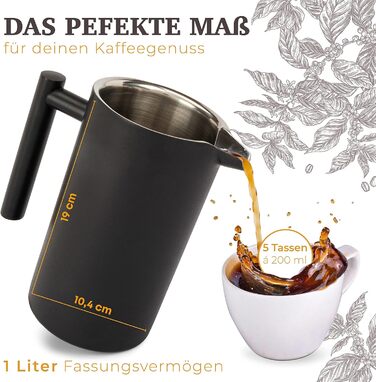 Голдвівер Френч-прес преміум класу 1 л Прес для кави з нержавіючої сталі S-304 Нержавіюча сталь Термоглечик з подвійними стінками 0,8 мм Чай/кава ізольована Ручна кавоварка матовий чорний