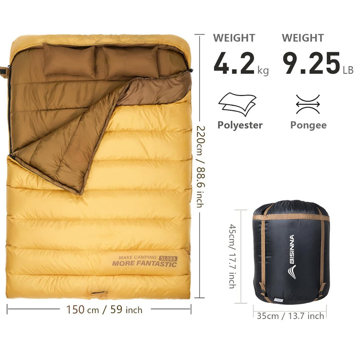 Зимовий подвійний спальний мішок BISINNA для дорослих, 2 особи, теплий спальний мішок для вулиці, 3 сезони ідеально підходить для сімей, кемпінгу та подорожей на автофургоні (4,2 кг) жовтого кольору
