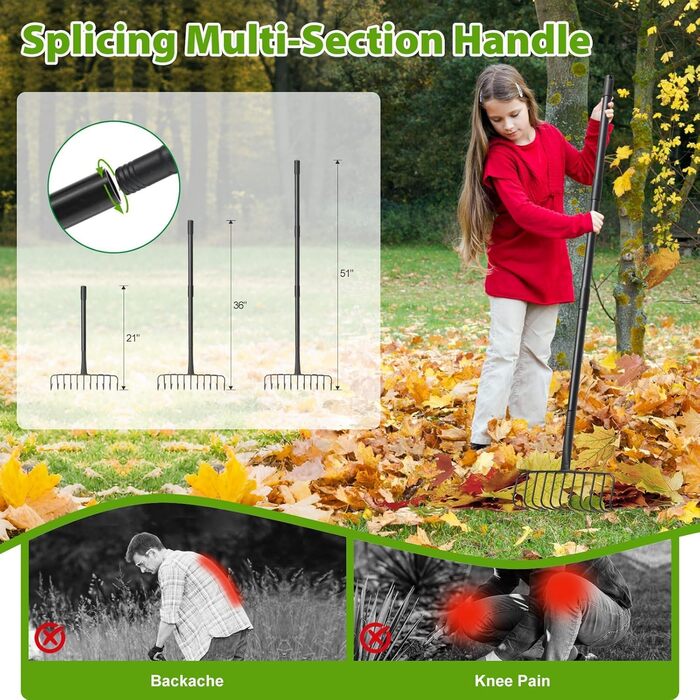 Гребінь садовий металевий 130 см для ландшафтного дизайну, 11 зубців, довга ручка. Великий садовий гребінь для розпушування ґрунту, вирівнювання газону, збору листя та догляду за травою.