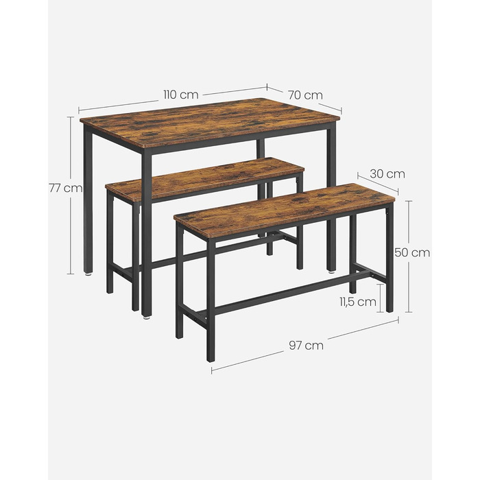 Обідній стіл VASAGLE з 2 лавками, комплект з 3 шт. , кухонний стіл 70 x 110 x 75 см, 2 лавки кожна 30 x 97 x 50 см, сталевий каркас, вінтажний коричневий-чорний KDT070B01 Вінтажний коричневий чорнильний