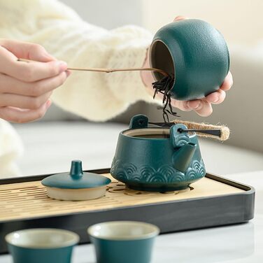 Китайський чайний сервіз з ситечком, порцеляновий набір для чаювання на 6 чашок, з ручкою з конопляного канату для розсипного чаю, ідеальний подарунок для поціновувачів чаю, зелений колір