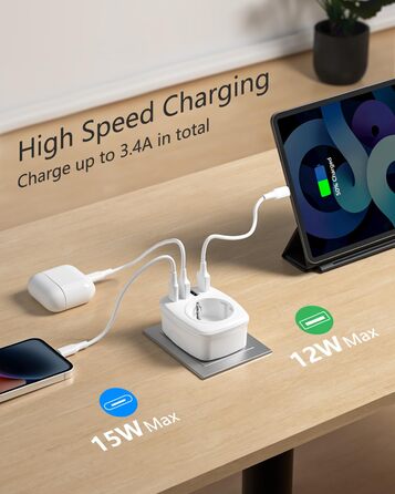 Розетка з декількома вилками EU адаптер 5-в-1 розетка розетка адаптер з 3 портами USB зарядного пристрою 2.4А, 1 портом Type-C 3А,