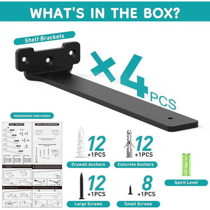 Кронштейни для полиць, 25 см, металеві опори для полиць з гвинтами, вантажопідйомність 70 кг, чорні, 25 см - 4 шт. у упаковці чорного кольору, 4