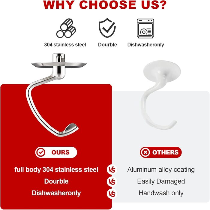 Заміна гачка для тіста GVODE для мішалки Kitchenaid, гачок для тіста K45DH для міксера Kitchenaid 4.5-5 QT з нахиленою головкою, насадка для тіста з нержавіючої сталі Можна мити в посудомийній машині