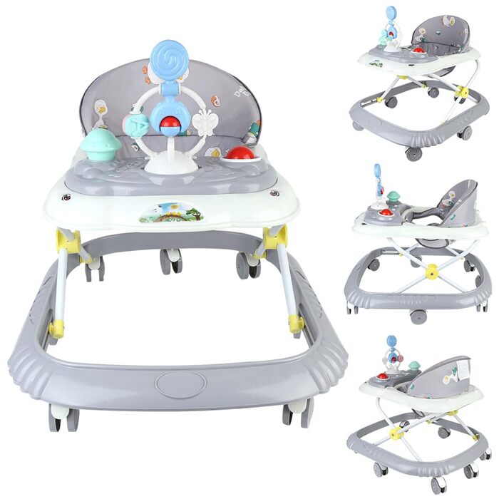 Дитячий вертел 4-в-1 з підносом для музичних занять, 4 регульовані висоти, складні ходунки для дітей від 6 до 18 місяців, вагою до 9 кг (сірий, 58 x 55 x 65 см) Сірий 58*55*65 см