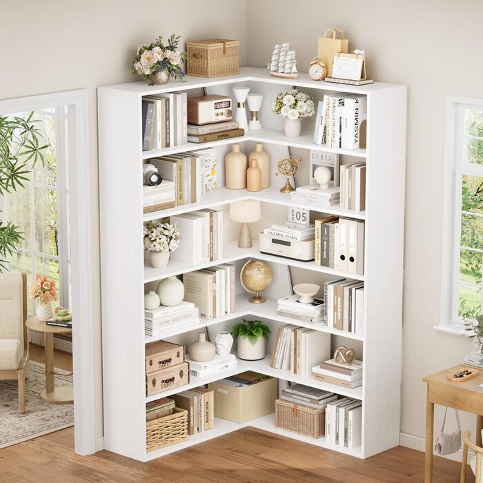 Кутова полиця FirFurd 190 см, книжкова шафа-ліжко, кутова книжкова шафа з 6 полицями, L-подібна кутова шафа, висока шафа, книжкова шафа, кутова вітрина для кабінету, вітальні, кухні, 90x90x190,5 см, білий
