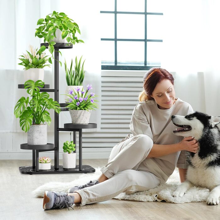 Рівнева підставка для рослин з металу та пластику, підставка для квітів, полиця для рослин, підставка для рослин на вулиці, багаторівнева підставка для рослин для приміщень, для використання на вулиці, для вітальні, балкону, тераси, подвір&39я (чорна), 5-