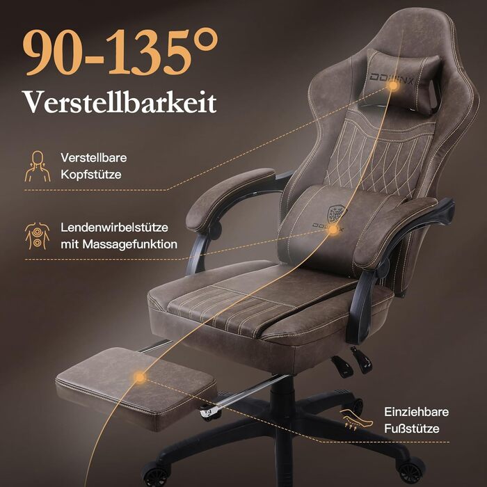 Ігрове крісло Dowinx з пружинною подушкою, гоночне ігрове крісло з масажною поперековою опорою, ергономічне ігрове крісло з підставкою для ніг, офісне крісло, шкіра штучна, коричневий колір