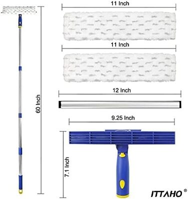 Склоочисник ITTHAO з телескопічною ручкою, мийник вікон 2 в 1 з кришкою з мікрофібри, що обертається на 180 для високих вікон, автомобільний лобовий склоочисник синій 2 в 1 мийник вікон