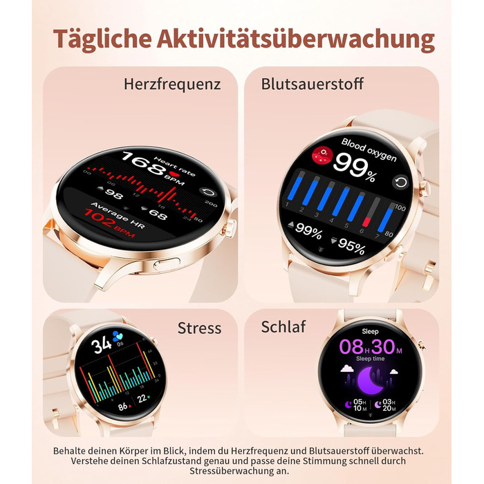 Жіночий смарт-годинник із функцією телефону, 1,32-дюймовий HD AMOLED-дисплей, елегантний наручний годинник для iOS та Android, понад 100 спортивних режимів, фітнес-годинник, крокомір, 24-годинний монітор серцевого ритму, монітор сну, водонепроникність IP6