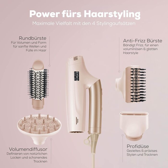 Фен Beurer HC 150 FusionDry Pro ультралегкий, потужний цифровий двигун, ергономічна складана ручка для подорожей, іонізація для блиску волосся, 4 насадки для стайлінгу