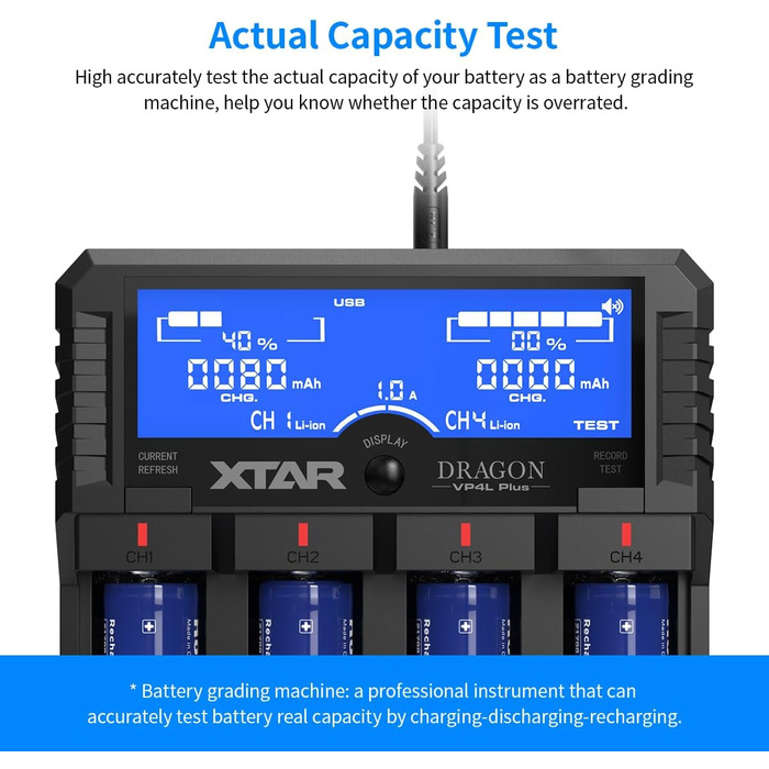 Зарядний пристрій для акумуляторів XTAR Dragon VP4L Plus 18650 21700 для літій-іонних акумуляторів 3,6 В/3,7 В, нікель-металгідридних акумуляторів 1,2 В типу AA/AAA та нікель-металгідридних акумуляторів 11,1 В 3S. Перевірте стан вашого акумулятора.
