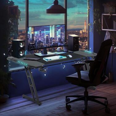 Ігровий стіл 140x60 см з регульованою висотою, світлодіодним освітленням, органайзером для кабелів, підставкою для навушників та підсклянником, ергономічний комп&39ютерний стіл 140 см з вуглецевого волокна та світлодіодним освітленням