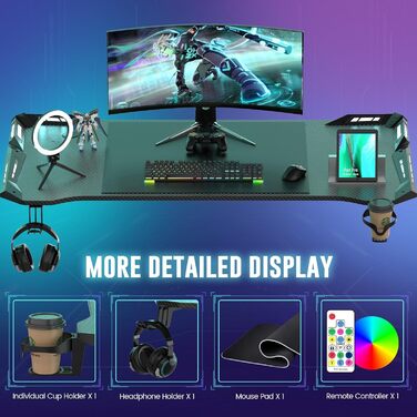 Ігровий стіл зі світлодіодним освітленням, 160x60 см, ігровий стіл з А-подібною рамою, стабільний ігровий стіл для ПК з крутим вуглецевим покриттям, ергономічний дизайн з гачком для навушників та підсклянником, легко збирається, 160 x 60 см зі світлодіодн