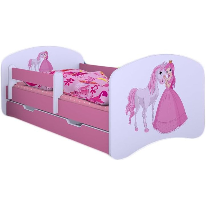 Дитяче ліжко Happy Babies Дитяче ліжко Happy Babies із захистом від падіння та висувною шухлядою Ліжко для дівчаток 160x80 з матрацом 80 x 160 Біла троянда Ліжко принцеси Ксієнжничка З Конікам