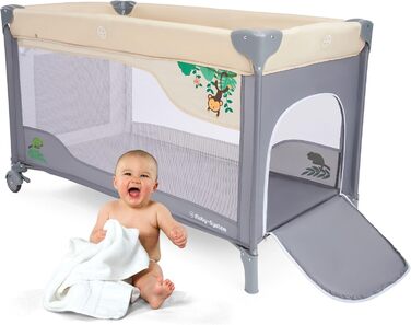 Дорожнє ліжечко-манеж Moby-System Huxley 2-в-1 з пеленальною підкладкою, 2 матрацами, москітною сіткою, сумкою для перенесення - для дітей від 0 до 36 місяців, 128x68x75 см, сірий/рожевий