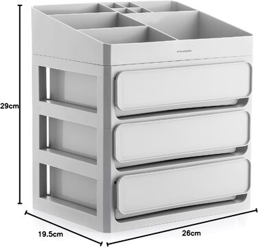 Органайзер для макіяжу з 3 ящиками і 9 відділеннями, великої місткості, багатофункціональний для косметики, біжутерії, канцелярського приладдя, легке очищення, сірий, поліпропілен сучасний