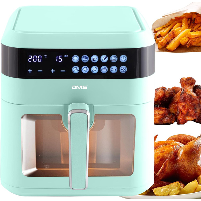 Аерофритюрниця DMS XXXL 7 літрів Фритюрниця Духова шафа Гриль з гарячим повітрям Кухонна плита Без жиру та олії включаючи 10 програм і цифровий сенсорний дисплей Таймер HFG-7 (зелений)