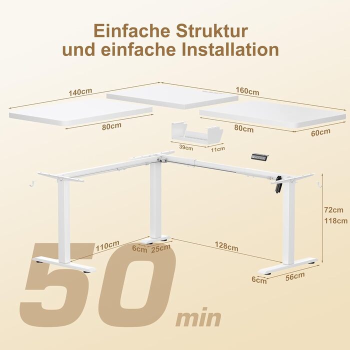 Г-подібний стіл з регульованою висотою, електричним керуванням та 3 налаштуваннями пам&39яті, кутовий стіл 160 x 140 см з органайзером для кабелів та гачками, ергономічний комп&39ютерний стіл, білий, 160 x 140 см