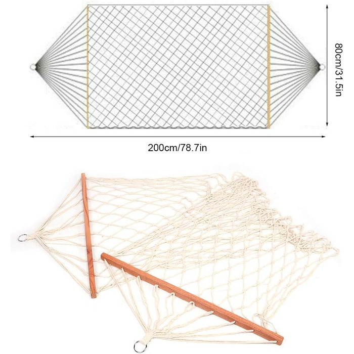 Сітчастий гамак, Гамак з бавовняної мотузки для 1 людини, Садовий гамак з дерев'яною палицею для двору, Патіо, Пляж білий