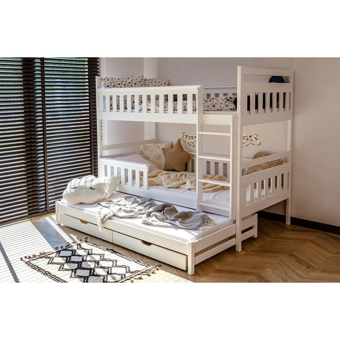 Дитяче колективне ліжко-горище 90x200 з висувним ліжком Двоярусне ліжко з висувною функцією, дві шухляди, решітчастий каркас, захи