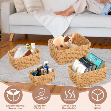 Набір із 5 плетених кошиків для зберігання, плетені кошики для зберігання з паперової мотузки, штабелювані кошики для зберігання одягу, кухні, ванної кімнати, зберігання іграшок