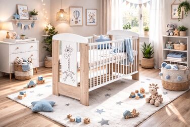 Дитяче ліжечко/ліжечко для малюків 120x60 см з масиву бука регульована висота в 3 напрямках, 3 знімні перекладини, перевірено EN 716 білий/сонома, жираф Модель Kamil