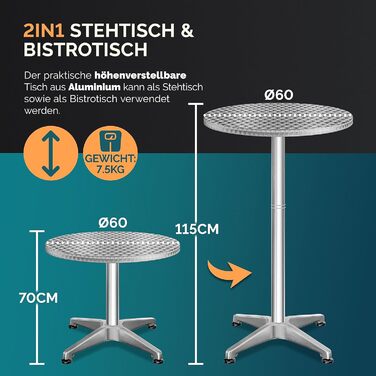 Складаний стіл Casaria 2-в-1, регульована висота 70 см / 115 см заввишки, алюміній, круглий Ø60 см, водонепроникний, садовий бістро-стіл, пивний столик, стіл для вечірки, 1 срібний