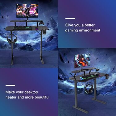 Ігровий стіл з підставкою для монітора, Т-подібний стіл, чорний, ергономічний комп&39ютерний стіл, покриття з вуглецевого волокна, ігровий ПК, тримач для напоїв, підставка для геймпада, тримач для навушників, 100x54x74 см