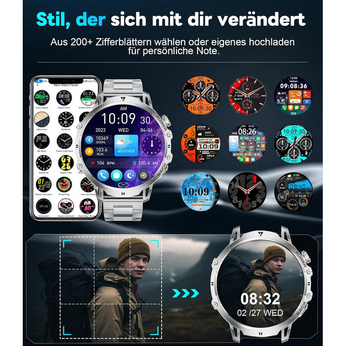 Розумний годинник LIGE Military для чоловіків - 1000 мАг/1,85 дюйма HD великий сенсорний екран/світлодіодна підсвітка, фітнес-годинник з більш ніж 110 спортивними режимами, відстеження серцевого ритму/сну, 2 браслети, водонепроникність IP68, спортивний го