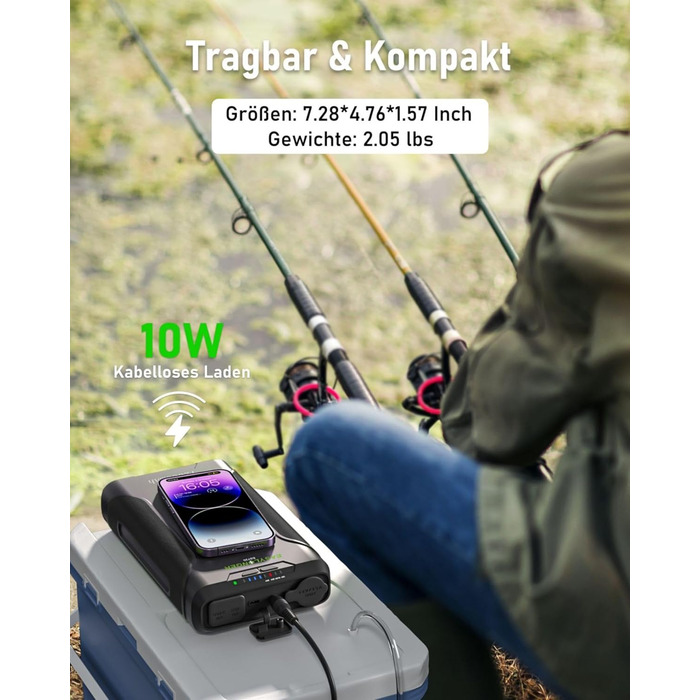 Портативна електростанція EASYLONGER ES720 для риболовлі 72000mAh/266.4Wh Резервний акумулятор 12V 24V Регульований вихід постійного струму Бездротовий зарядний пристрій Акумуляторний блок для кемпінгу та надзвичайних ситуацій на свіжому повітрі, GP14