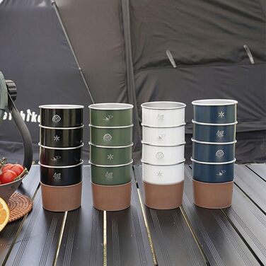 Кемпінгова кружка з нержавіючої сталі 300 мл, набір з 4 предметів, що штабелюється, та чохлом зі штучної шкіри, для активного відпочинку, походів та подорожей зелений/кремовий/білий/чорний/темно-синій