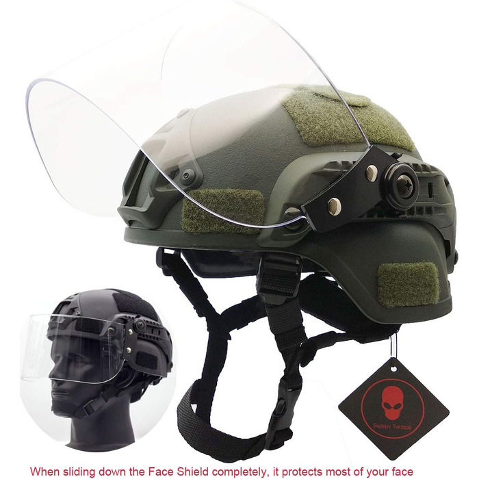 Тактичний шолом для страйкболу MICH 2000, військовий пейнтбол, з прозорим козирком, захисним щитком для обличчя, окулярами та бічною планкою, кріпленням для ПНВ, зеленого кольору