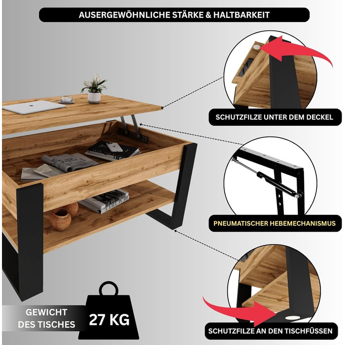 Журнальний столик з регульованою висотою та місцем для зберігання - Журнальні столики - Розкладний стіл для вітальні - Журнальний столик з регульованою висотою - Стіл для вітальні дерев&39яний коричневий Вотан/чорний.