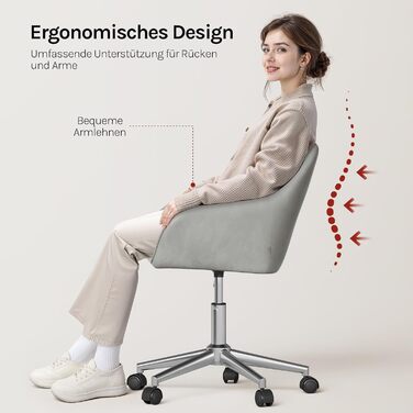 Крісло для домашнього офісу WOLTU, стілець для столу, обертове крісло, туалетний стілець, регульована висота, вантажопідйомність до 150 кг, з підлокітниками, оксамитове сидіння, для спальні, офісу, вітальні, світло-сірий BS145hgr світло-сірий оксамит